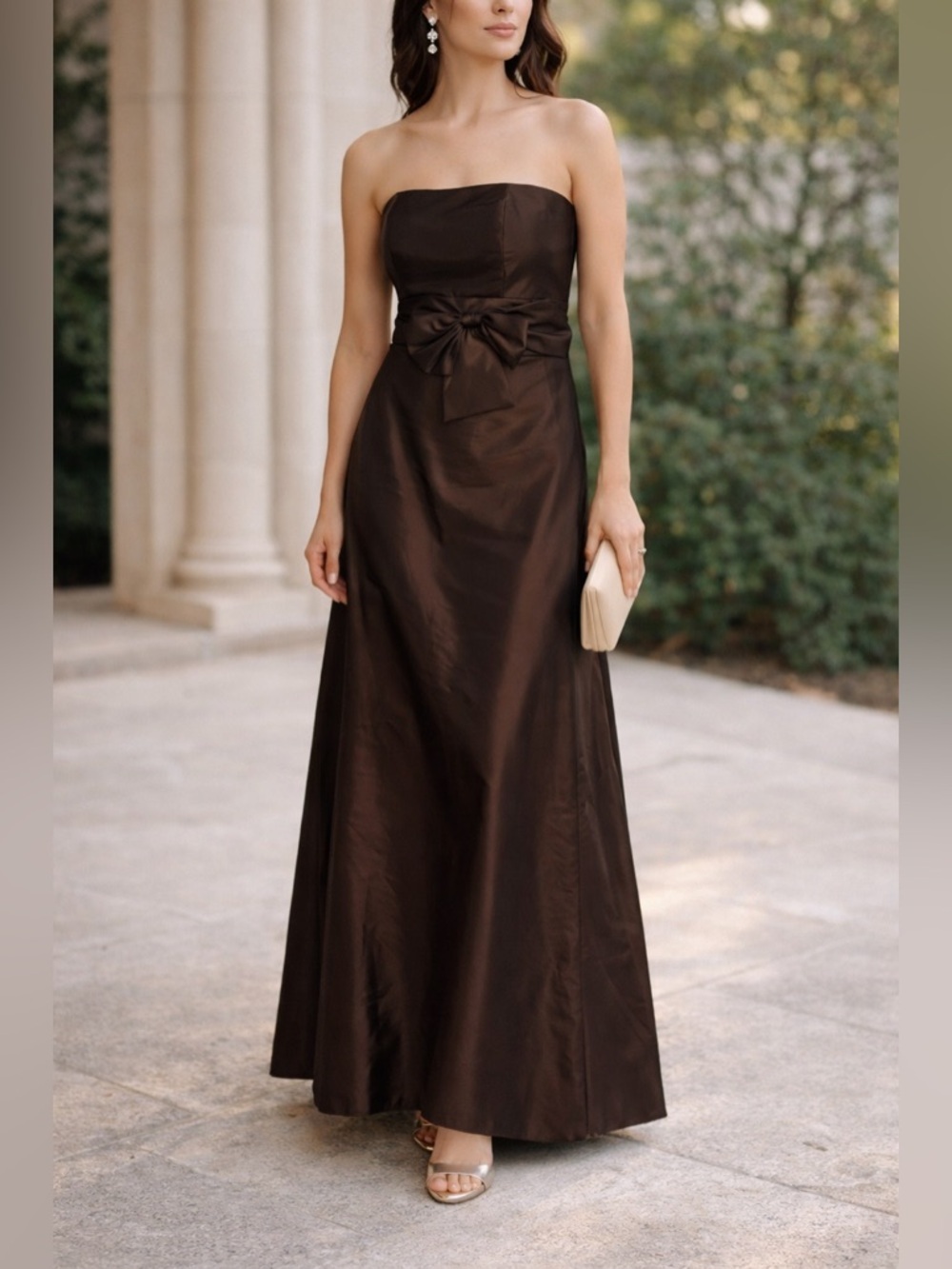 Amsale Size 8 Chocolate Brown Satin Evening Gown – Bow Waist Formal Dress